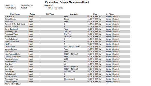 View of Pending Loan Payment Maintenance report